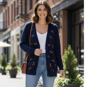 7th Avenue Design Studio New York Company Cherries Cardigan Button Down Large